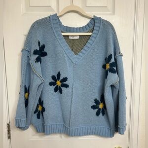 Carly Jean Los Angeles Blue V-Neck Sweater with Floral Design
